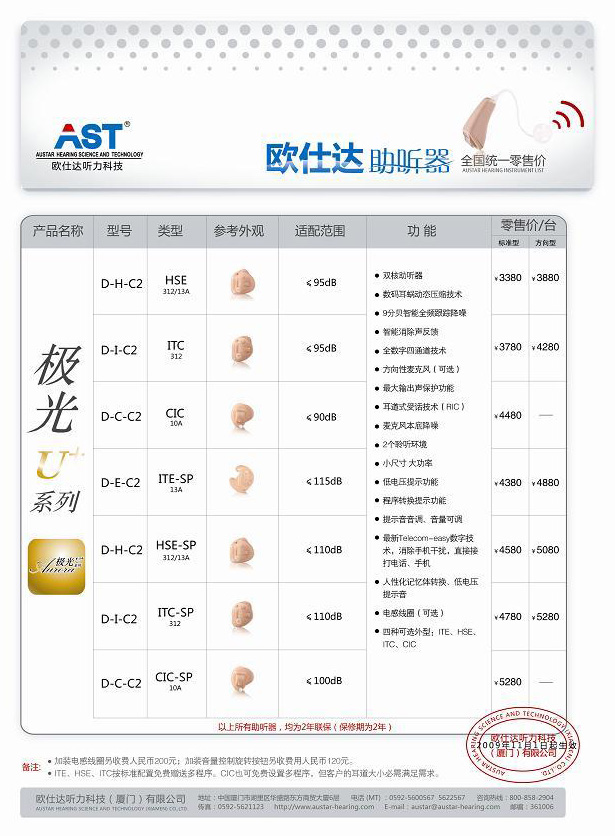 欧仕达极光U+耳道式助听器价格表